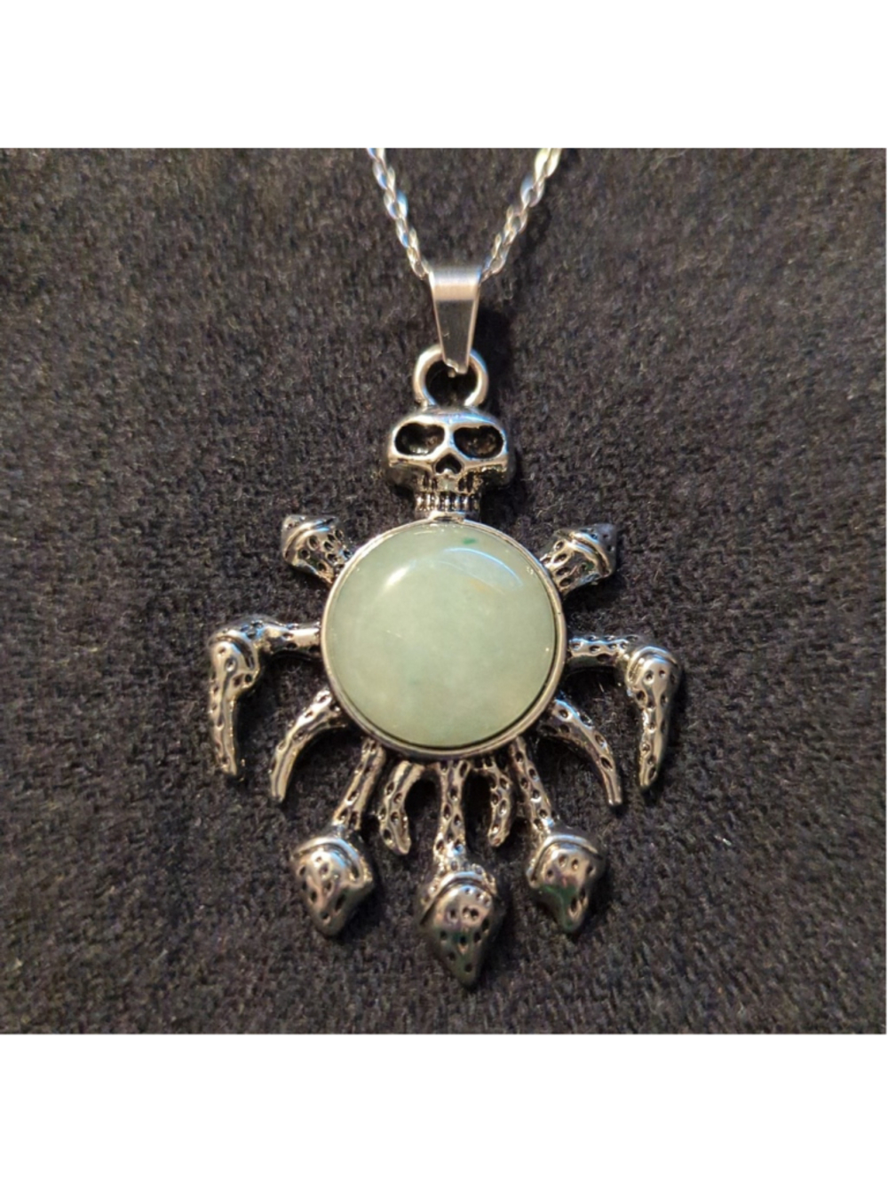 Silver Tone Green Aventurine Gemstone Skull Pendant Statement Necklace